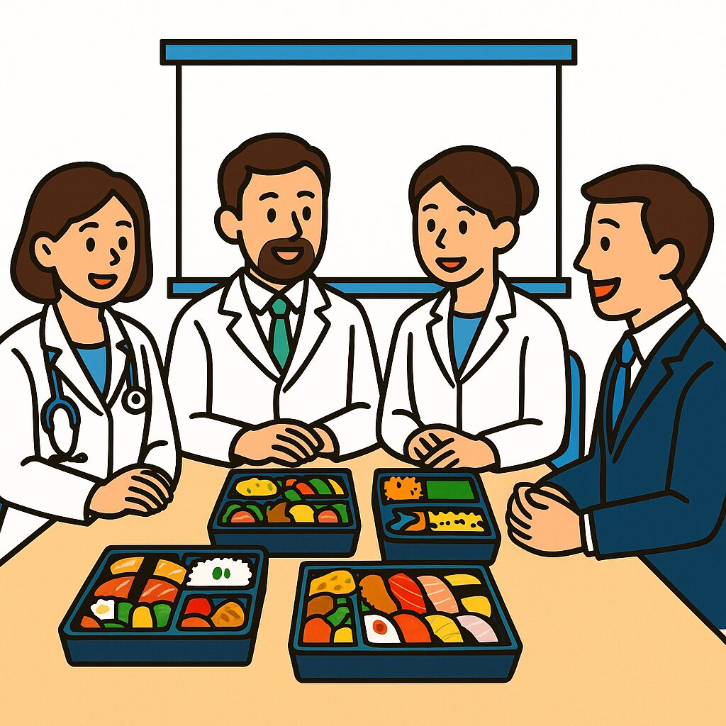 勉強会のテーブルで魚政のお弁当を囲んでいるイラスト