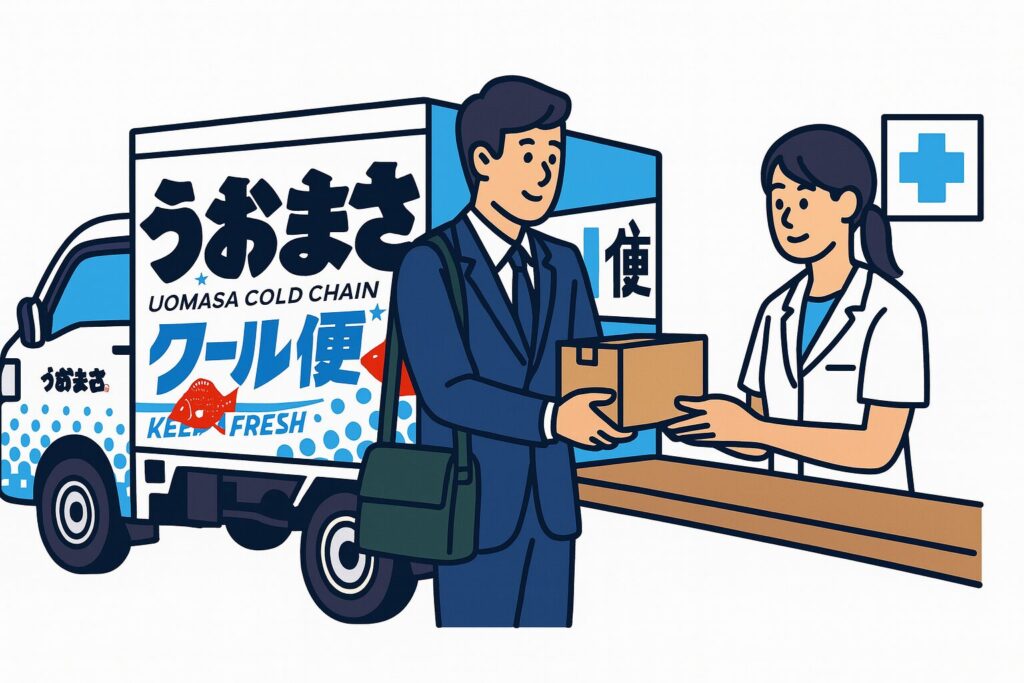 魚政のトラックでお弁当を配達・受け渡ししているイラスト
