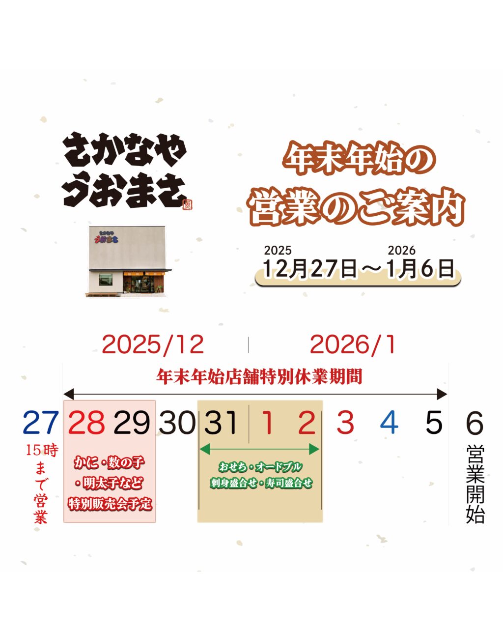 魚政・さかなやうおまさ 営業カレンダー（年末年始の営業日・休業日）