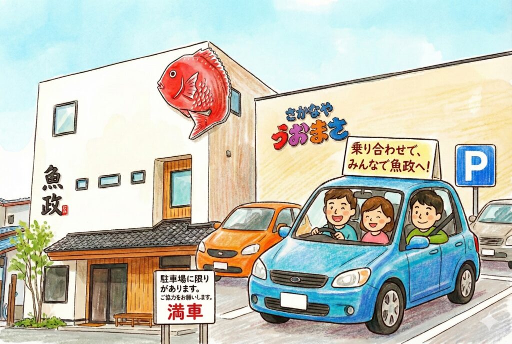 駐車場が限られているため乗り合わせをお願いする魚政のイラスト
