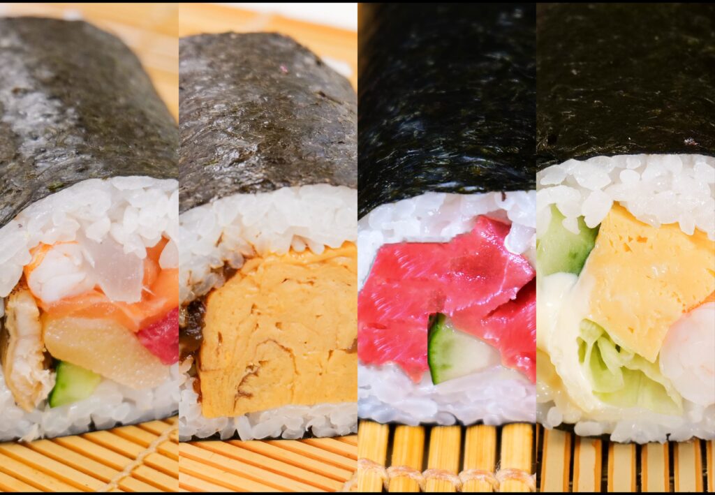 デラックスセットのハーフ巻4種（七福海鮮・久留玉・生本マグロ・海老レタス）