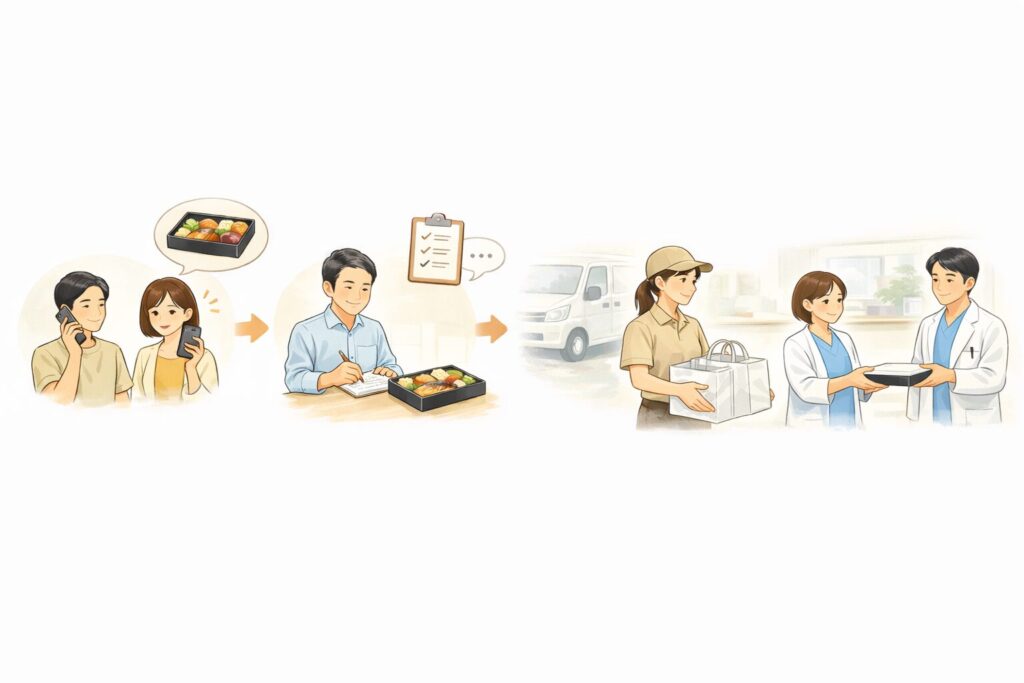魚政の弁当を注文して病院へ配達する流れ